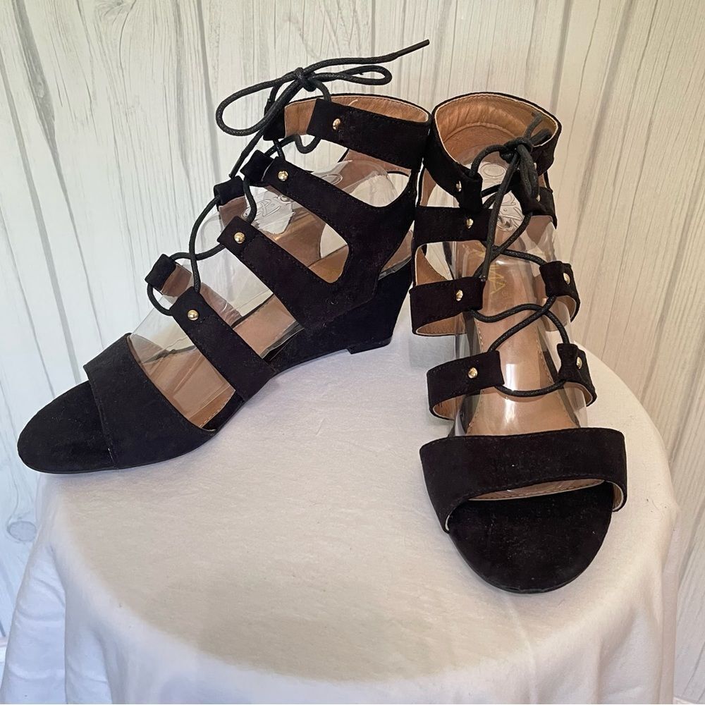 ANNA‎ Black Lace-Up Wedges, Size 9.5